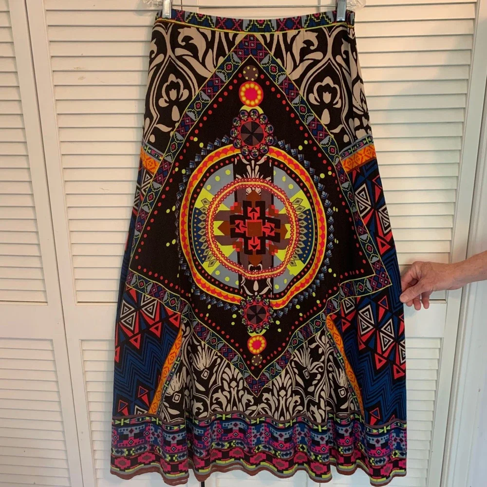 fab'rik Maxi Skirt Geometric Tribal Print Tassel Womens M Festival Psychedelic